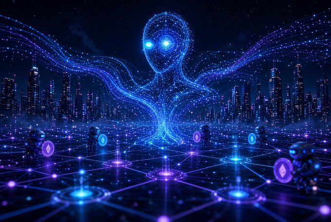 A glowing blue humanoid figure made of light and data streams over a futuristic city grid, surrounded by small robot figures holding Ethereum symbols.