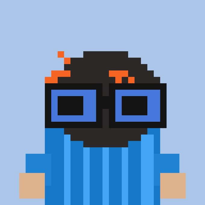 A pixel art character with a black head, orange curly hair accents, and large blue rectangular glasses peeks over a blue outfit with tan hands, set against a light blue background—likely serving as the avatar or branding image for the "Arcins" giveaway featuring 2 GTD and 20 FCFs on the ARC chain.