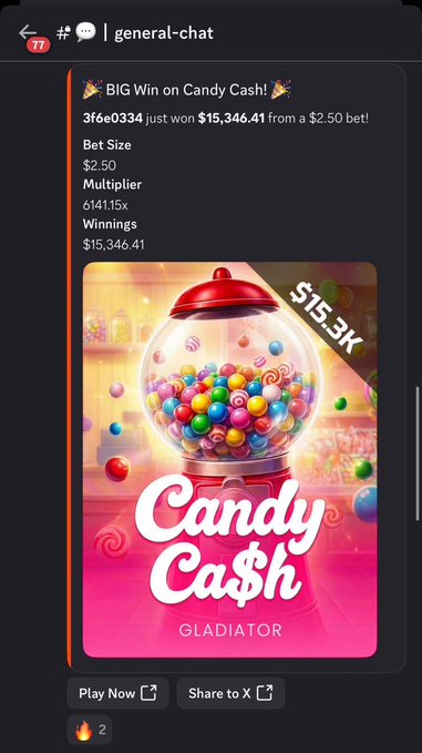 A Discord post in #general-chat announces a "BIG Win on Candy Cash!" showing user 3f6e0334 winning $15,346.41 from a $2.50 bet with a 6141.15x multiplier on the "Candy Cash" Gladiator game at MetaWin, aligning with the accompanying message promoting MetaWin.com's $1M giveaway for depositors.
