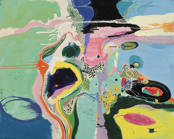 An abstract painting in the style of Joan Miró, filled with vibrant biomorphic shapes and splashes of color, accompanies a simple "gm" (good morning) greeting, likely serving as a bright, artistic way to say good morning to followers.