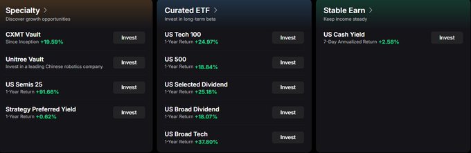 Investment app dashboard displaying three categories: 'Specialty' (CXMT Vault +19.59%, Unitree Vault, US Semis 25 +91.66%, Strategy Preferred Yield +6.62%), 'Curated ETF' (US Tech 100 +24.97%, US 500 +18.84%, US Selected Dividend +25.18%, US Broad Dividend +18.07%, US Broad Tech +37.80%), and 'Stable Earn' (US Cash Yield 7-Day +2.58%).