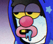 A close-up of a cartoon character, appearing distressed or dazed, with drooping eyelids, a red nose, and a blue substance dripping from their mouth.
