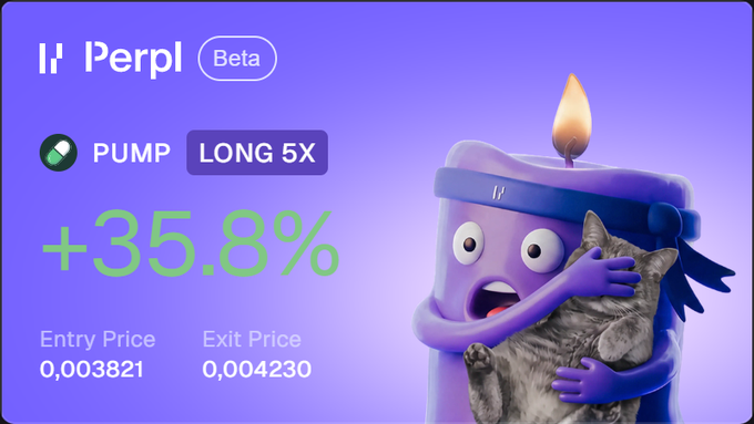 A promotional graphic for 'Perl' (Beta) shows a PUMP LONG 5X trading signal with a +35.8% return, displaying entry price 0.003821 and exit price 0.004230 alongside a purple candle mascot hugging a cat.