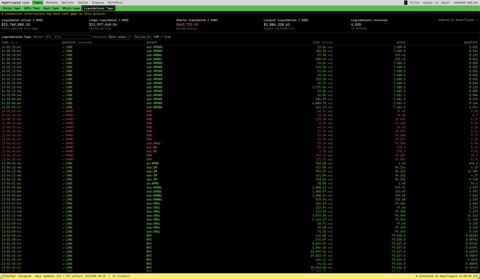 A terminal window displays a cryptocurrency or stock tracking interface (Hyperliquid Live) with columns of numbers showing liquidity, price, and other financial data in green and red text.