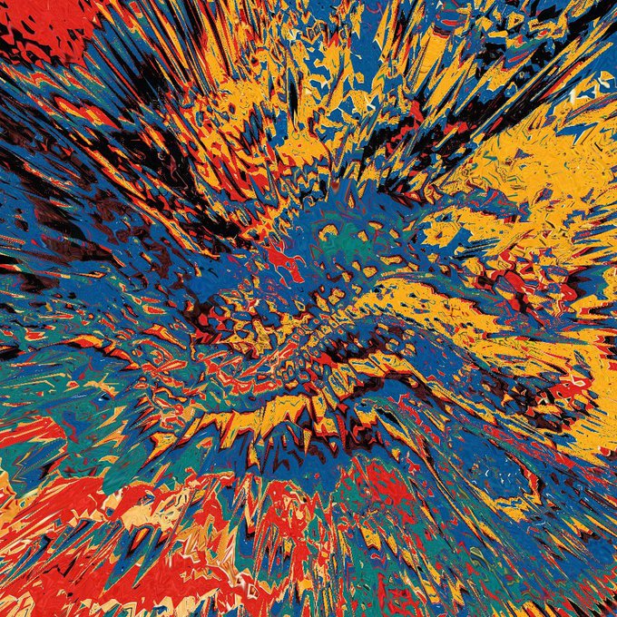 A vibrant, explosive abstract artwork titled "Shard #5" by collector @CyberMonkSt, featuring a radial burst of primary colors—red, yellow, and blue—with paint splatters and streaks radiating outward from a central point, capturing the energetic, shattered-glass aesthetic referenced in the title and shared in a cheerful GM Friday greeting.