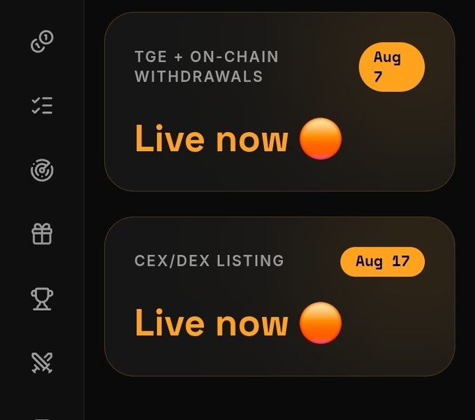 The image shows an Orvexhub ($ORVX) website dashboard announcing "TGE + ON-CHAIN WITHDRAWALS" live on Aug 7 and "CEX/DEX LISTING" live on Aug 17, both marked "Live now." This visual confirms the platform's claimed launch milestones, supporting the post's skepticism about the lack of corresponding announcements on their X page.