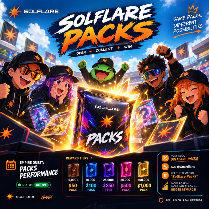 A promotional graphic for 'SOLFLARE PACKS' features anime-style characters celebrating around trading card packs, with reward tiers ranging from $50 to $1,000 PACK and instructions to use the keyword 'Solfare Packs'.