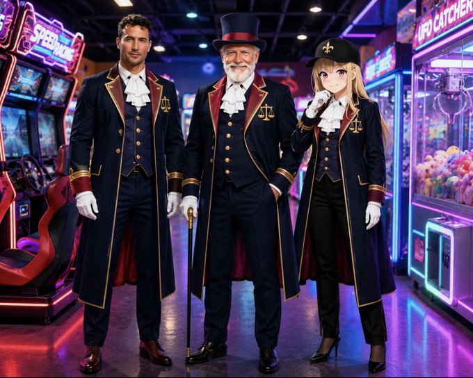Three figures in elegant navy tailcoats with red accents and gold trim stand in a neon-lit arcade with racing and UFO catcher machines; the central figure wears a top hat and the right figure is anime-styled.