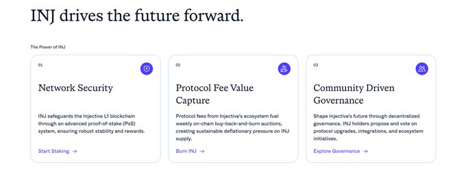 The image features a screenshot of a page on Instagram that says "INJ drives the future forward." The content appears to be focused on three separate posts, each discussing different topics related to Inj. One post focuses on protocol fees for injective transactions, another explains how to use injective as a funding mechanism and payment method, while the third one mentions network upgrades or community voting in relation to injective's future applications.