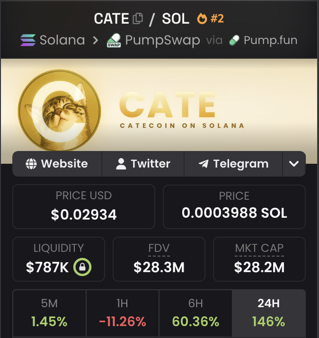 A screenshot of the CATE/SOL #2 token on Solana's PumpSwap via Pump.fun displays a price of $0.02934 with $787K liquidity, a market cap of $28.2M, and strong gains including 60.36% in 6H and 146% in 24H. The image supports the post's bullish claim that CATE is a genuine, community-driven cat-themed coin poised for major growth during "cat season."