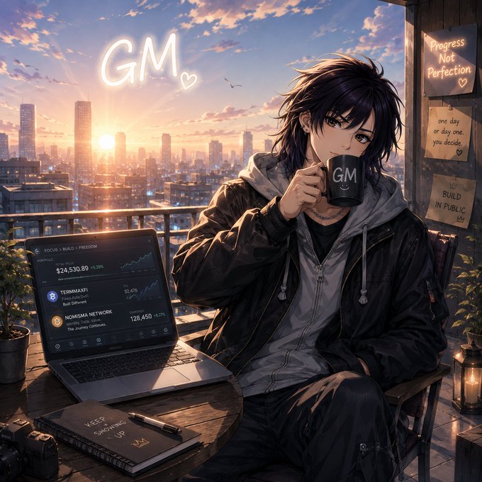 An anime-style illustration of a person with dark hair holding a 'GM' mug on a balcony overlooking a sunset cityscape, with a laptop displaying crypto portfolio data ($24,530.89, TERRMAXYFI, NOMISMA NETWORK), a notebook saying 'KEEP SHOWING UP', and sticky notes reading 'Progress Not Perfection', 'one day or day one. you decide', and 'BUILD IN PUBLIC'.