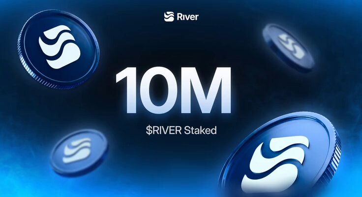 The image features a blue banner with white text that reads "10M" and "@River4fun", which suggests that there are 10 million tokens available for trading or mining. The phrase "Locking in my yield with @RiverdotInc feels solid. I’m mining @River4fun points with $RIVER, and let me tell you, routing collateral to mint $satUSD is a game changer." indicates the importance of the cryptocurrency market at the moment. The image also shows coins scattered throughout the scene, which further emphasizes the vastness of the trading opportunities in this digital space.