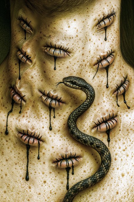 A surreal close-up of a freckled human back features multiple closed eyes stitched shut with black stitches, from which dark venom-like tears drip down the skin, alongside a slithering black snake whose head flicks its tongue near the central eye—visually embodying the post's theme "Tears of Venom," illustrating how hidden pain eventually manifests as a poisonous, inescapable force.