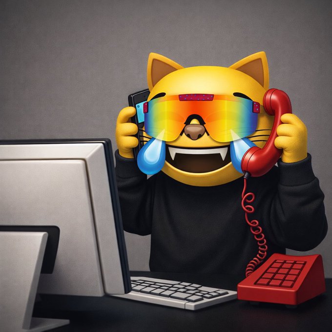 A yellow cat emoji character wearing rainbow sunglasses and a black hoodie holds a red telephone receiver and a smartphone while sitting at a computer, laughing with tears streaming down its face. The image perfectly captures the post's theme of "Money is calling" for the $MOG token, with the cat gleefully answering the incoming call of opportunity.