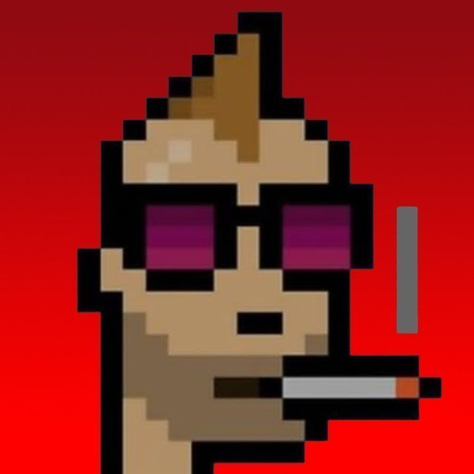 A pixel-art character with sunglasses smokes a cigarette against a red background, channeling an edgy, cool "GM" vibe for the crypto community's daily greeting.