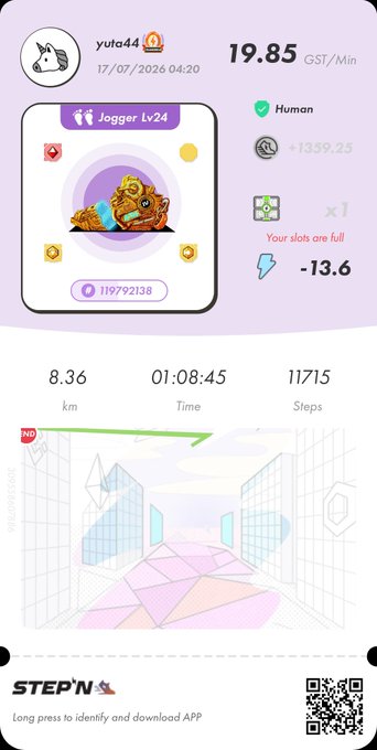 A STEPN app screenshot showing user yuta44's jogging activity (Jogger Lv24) with stats: 19.85 GST/Min earnings, 8.36 km distance, 01:08:45 time, 11715 steps, and a purple sneaker NFT.