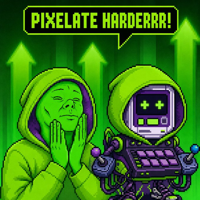 A pixel art illustration with green background featuring two hooded figures - one appears to be a smirking person and the other a robot - with the text 'PIXELATE HARDERRR!' in a speech bubble.