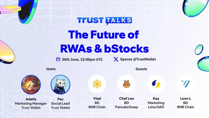 Promotional graphic for "TRUST TALKS: The Future of RWAs & bStocks" Twitter Space event scheduled for 30th June at 12:00pm UTC at Spaces@TrustWallet, hosted by Adelia (Marketing Manager) and Pav (Social Lead) of Trust Wallet, with guests Vlad and Leon L from BNB Chain, Chef Leo from PancakeSwap, and Kay from Lista DAO.
