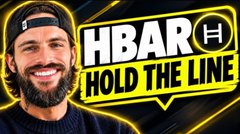 A promotional thumbnail for an HBAR market-analysis video features a bearded man in a backward cap beside bold text reading “HBAR” and “HOLD THE LINE,” with an “H” coin logo. It accompanies a post directing viewers to 12 minutes of content about HBAR price action, market trends, six years of compression, and HBAR outperformance versus BTC.