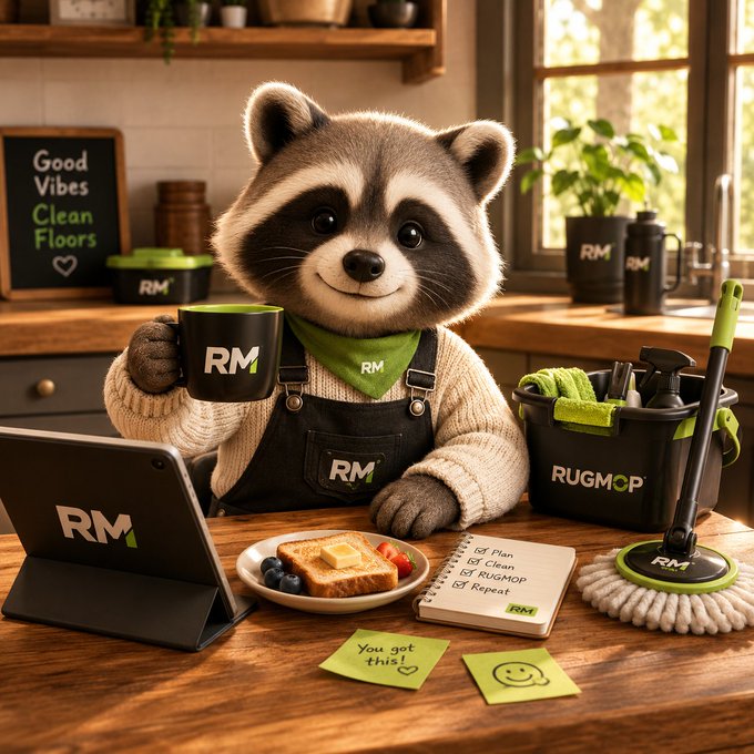 The image features a cartoon raccoon sitting at a desk with various cleaning supplies, including a mop bucket, a sponge, and a book titled "Toast warm, desk clean, mindset cleaner." The raccoon appears to be enjoying its breakfast of toast while holding a cup filled with coffee. The post encourages the reader to start small by cleaning one tiny task before moving on to bigger ones, like responding to one kind message or making one small win.
