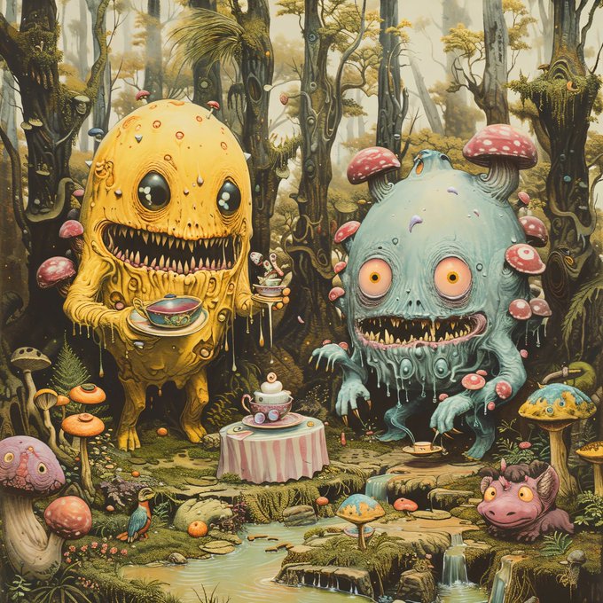 A whimsical, fantasy-style illustration featuring a yellow and a blue cartoonish monster having a tea party in a forest filled with colorful mushrooms and tiny creatures.