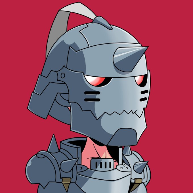 A chibi-style armored knight with a spiked helmet and glowing red eyes stands against a red background, with a straw in its mouth and a beverage beside it. The image humorously represents the "NFT" concept referenced in the post, depicting the NFT as a fierce, metallic warrior character.