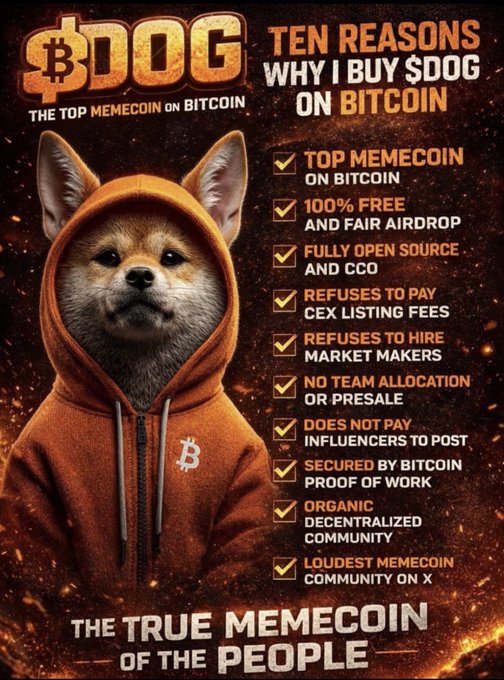 A promotional graphic for '$DOG - The Top Memecoin on Bitcoin' titled 'Ten Reasons Why I Buy $DOG on Bitcoin', featuring a Shiba Inu dog in an orange Bitcoin hoodie alongside a checklist of features.