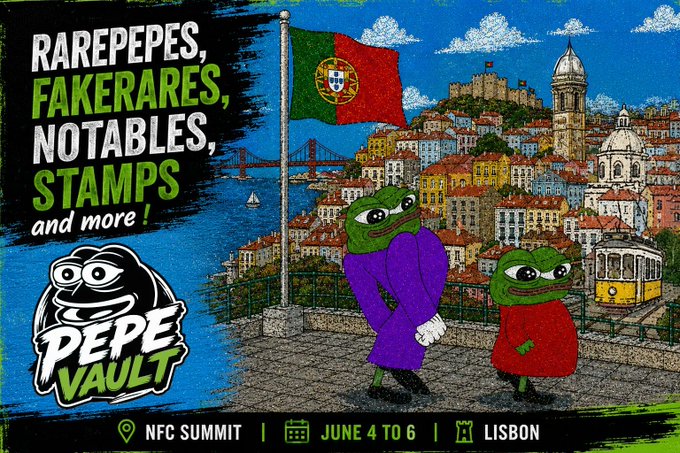 The image features a poster for an exhibition called "PepeVault" that is taking place in Lisbon from June 4-6. The poster includes a cartoon of two people walking down a street, with one person dressed as a frog and another wearing a purple outfit. The text on the poster promotes the event by stating it's the most important tweet of our lives and mentions the PepeVault exhibition organized by @pepevault1 NFC Lisbon.