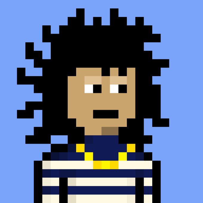 Pixel art portrait of a character with large black curly hair, wearing a blue and yellow striped top against a light blue background.
