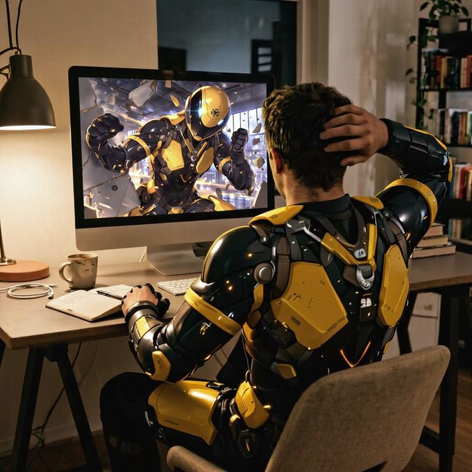 A man wearing a futuristic yellow and black mechanical exoskeleton sits at a desk, appearing to look at himself in the monitor, which displays a character in similar armor.