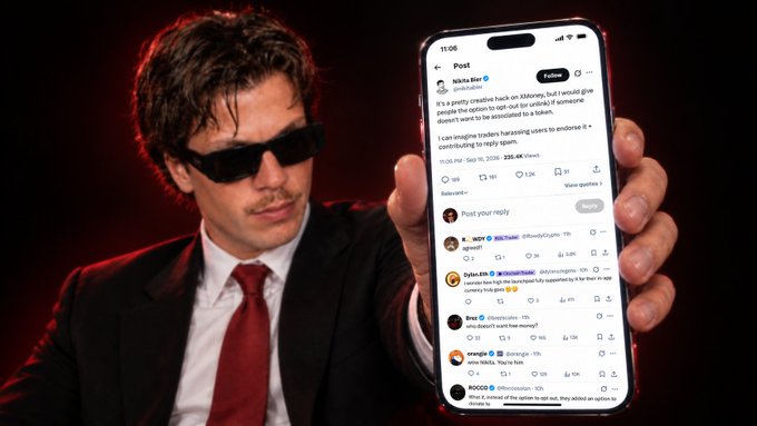 A man in sunglasses and a red tie holds up a smartphone displaying a post about '$Imagine' by Nihar Ranjan, with comments referencing Solana memecoin hackers.