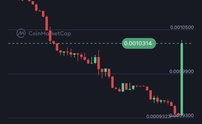 A CoinMarketCap candlestick chart showing a sharp downward trend followed by a large green recovery spike, with prices around 0.0010314.