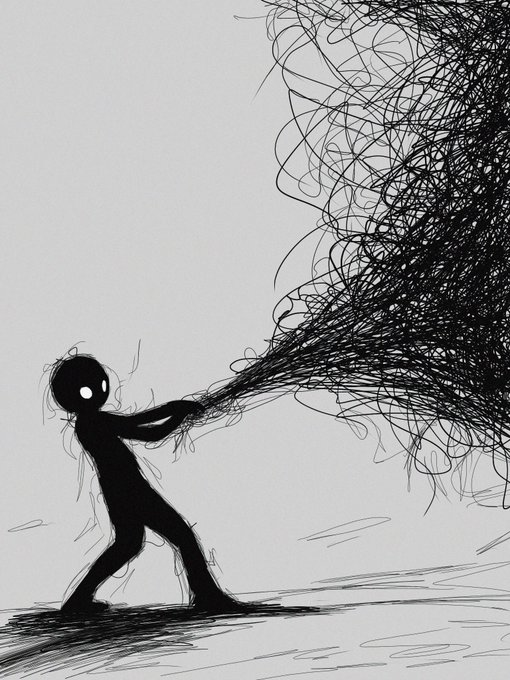 A black silhouette figure with glowing white eyes strains to hold back a massive tangle of chaotic black scribbled lines, symbolizing overwhelming mental burden or anxiety.