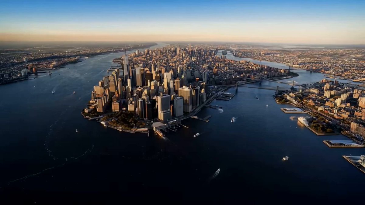 The image shows an aerial view of a city with tall buildings, including the New York City skyline. The city's waterway features several boats sailing along its edges. The sky above appears hazy, suggesting that the photo was taken during the early morning or late afternoon hours when the sun is low in the sky. 

The post provides information about an event happening on July and October of the year 2026. It also mentions a specific location within the city known as "Stellar". The image does not contain any text, so it's unclear what the caption means or how it relates to the photo.