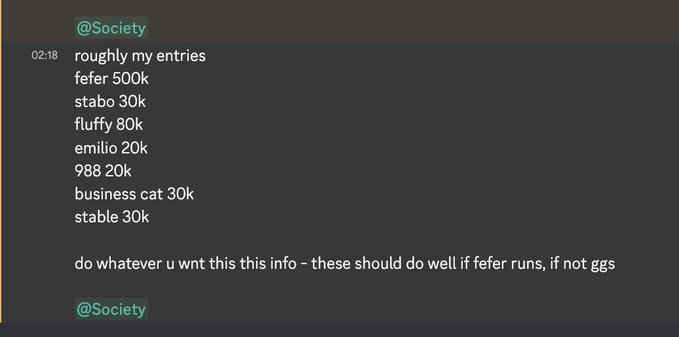 A dark-themed Discord message from '@Society' listing approximate monetary figures for entries like 'fefer 500k', 'stabo 30k', and 'fluffy 80k', suggesting contest or betting entry estimates.