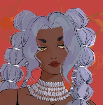 A digital illustration of a dark-skinned character with yellow eyes, purple braided pigtails, and a white beaded necklace against a red background.