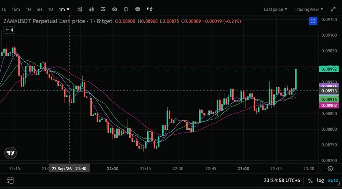 A TradingView chart for the ZAMAUSDT Perpetual pair showing a 1-minute price chart with a current price of 0.08908 and a slight decrease of -0.21%.
