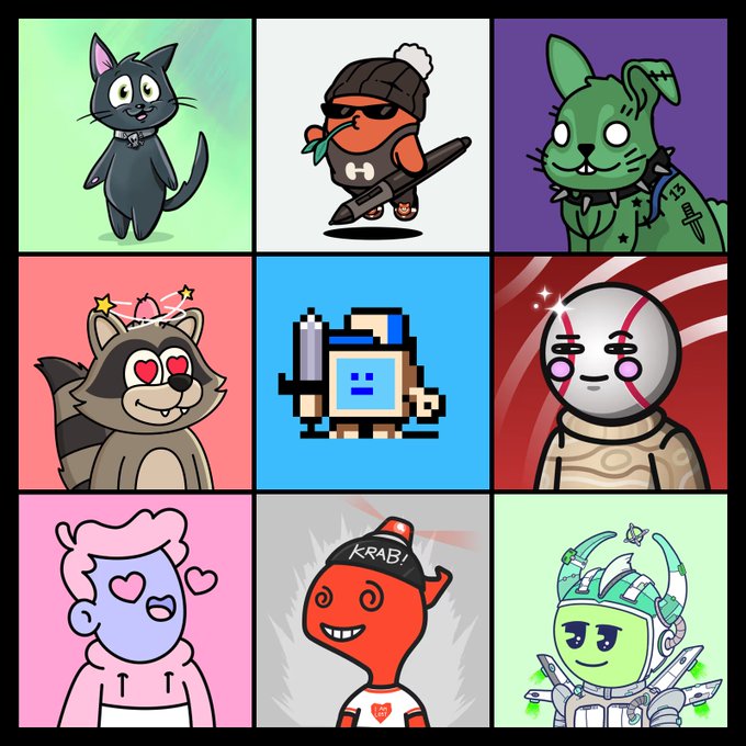 A 3x3 grid of cartoon NFT-style characters including a black cat, a chicken assassin, a green zombie rabbit, a raccoon with heart eyes, a pixelated robot, a baseball character, a pink-haired figure, a red character labeled 'KRAB!', and a green robot.