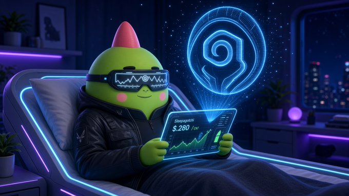 Stylized illustration of a green character wearing futuristic VR goggles and a dark jacket, holding a tablet displaying 'Sleepagotchi $5,280 / cell' with a rising chart, in a neon-lit cyberpunk bedroom setting.