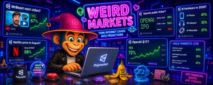 A vibrant 'WEIRD MARKETS' banner showing Polymarket predictions including 'MrBeast next video?' (YES 67%), 'OpenAI public ticker?' (OPENAI IPO), 'AI hardware in 2026?', 'Netflix price in August?' (Over $700, 58%), and 'Will Elon tweet?' (63%).