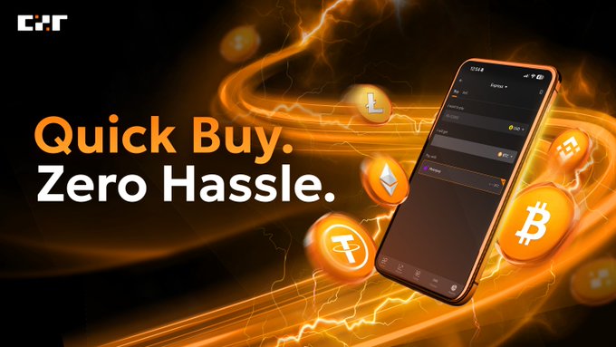 A promotional graphic for a crypto app displaying a smartphone with wallet options and floating cryptocurrency icons, with the text 'Quick Buy. Zero Hassle.' and a logo reading 'CAR' or similar in the top left.