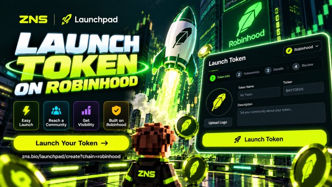 A vibrant green promotional banner for ZNS | Launchpad announcing 'LAUNCH TOKEN ON ROBINHOOD', featuring a rocket graphic and a token creation form interface.