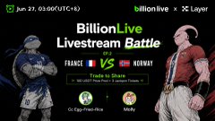 The image is a promotional graphic for a "BillionLive Livestream Battle" featuring a soccer-style matchup between FRANCE and NORWAY, hosted on BillionLive Layer 1 in partnership with GoLago Street Kick and Molly, scheduled for June 27 at 03:00 UTC+8. It ties to the post by announcing the creator's upcoming PK match against @Hu12302 during the France vs. Norway game, where viewers can participate in prediction contests on the livestream.