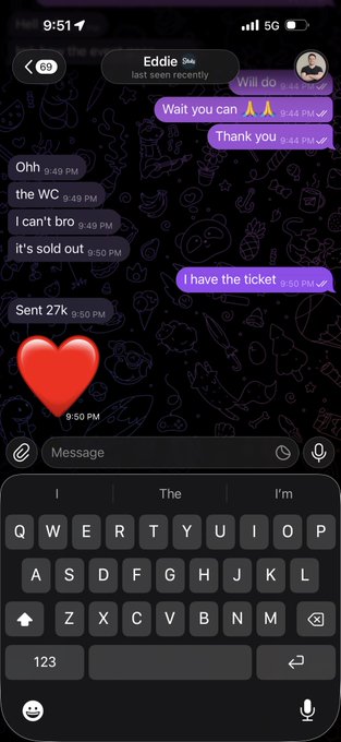A screenshot of an iMessage conversation with Eddie, where the user shares messages saying "the WC," "I can't bro," "it's sold out," and "Sent 27k," followed by "I have the ticket" with a red heart emoji. This supports the post thanking Eddie for securing a World Cup final ticket, highlighting the gesture alongside a promotional giveaway.