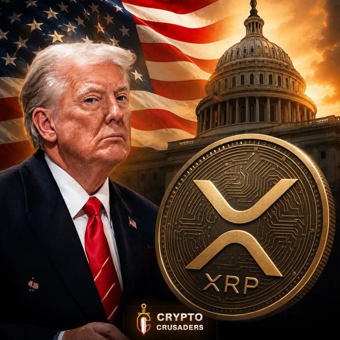This image depicts Donald Trump standing in front of the U.S. Capitol with an XRP coin, suggesting a potential connection between his policies and the cryptocurrency. The Crypto Crusaders logo is also visible in the bottom right corner.