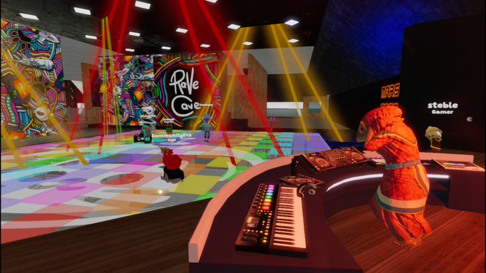 Screenshot of a vibrant VR nightclub scene with colorful floors, stage lighting, and a DJ booth, featuring "Revé Cave" signage and usernames like "samridh.fidya" and "stebie Gamer".