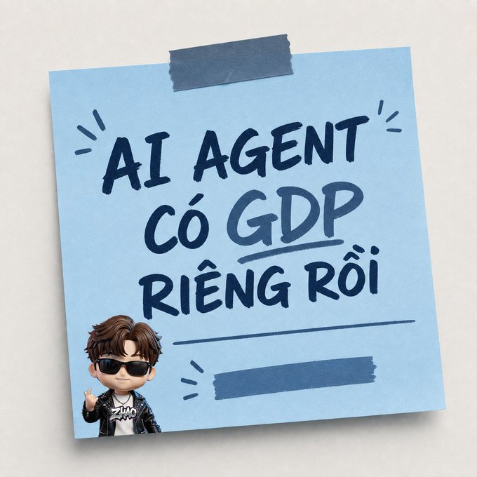A light blue sticky note graphic with handwritten Vietnamese text reading 'AI AGENT CÓ GDP RIÊNG RỒI' (AI Agents have their own GDP now), featuring a cartoon character with sunglasses.