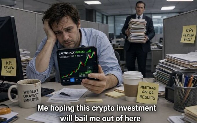 A stressed office worker stares at a tablet displaying a rising 'GREENSTACK (GREEN)' crypto chart at $0.0000009378B (+98.56%), with a memo reading 'Me hoping this crypto investment will bail me out of here' and sticky notes labeled 'KPI REVIEW DUE' and 'MEETING ON Q2 RESULTS'.