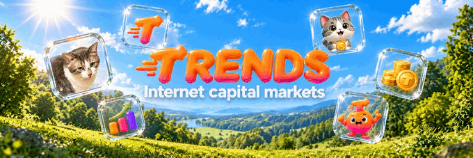 A vibrant promotional banner for "TRENDS Internet capital markets" featuring floating ice cube icons containing a cat, a running figure, a kitten with coins, a gold coin stack, and a bar chart, set against a sunny landscape—visually conveying the app's social, financial, and data-driven elements referenced in the post about Trends, a SocialFi product on Solana with strong App Store traction.