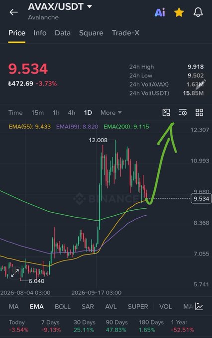 A Binance price chart for AVAX/USDT shows the token at 9.534 (down 3.73%), with a hand-drawn green arrow highlighting a dip toward the EMA(99) at 8.820 and EMA(200) at 9.115, illustrating the "lovely dip on daily EMAs" referenced in the post.